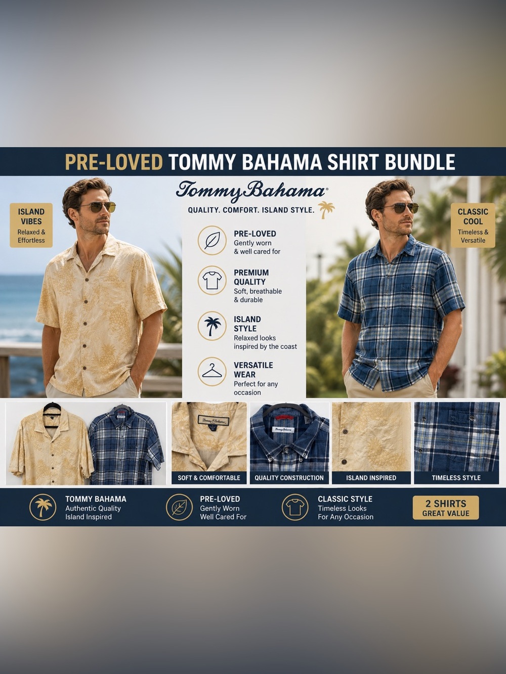 Tommy Bahama Silk Yellow Pineapples & Blue Denim-looking Plaid Shirt Set‎ SZ L